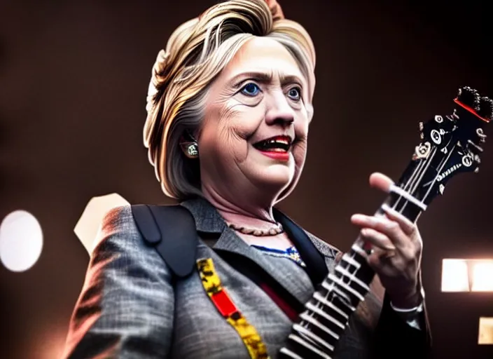 Image similar to publicity photo still of hillary clinton in a death metal band playing live on stage, 8 k, live concert lighting, mid shot