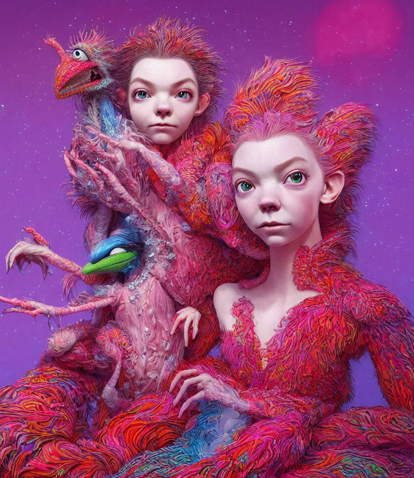 Image similar to hyper detailed 3d render like a Oil painting - kawaii portrait of two Aurora (a beautiful girl skeksis muppet fae princess protective playful expressive acrobatic from dark crystal that looks like Anya Taylor-Joy) seen red carpet photoshoot in UVIVF posing in scaly dress to Eat of the Strangling network of yellowcake aerochrome and milky Fruit and His delicate Hands hold of gossamer polyp blossoms bring iridescent fungal flowers whose spores black the foolish stars by Jacek Yerka, Ilya Kuvshinov, Mariusz Lewandowski, Houdini algorithmic generative render, golen ratio, Abstract brush strokes, Masterpiece, Edward Hopper and James Gilleard, Zdzislaw Beksinski, Mark Ryden, Wolfgang Lettl, hints of Yayoi Kasuma and Dr. Seuss, Grant Wood, octane render, 8k