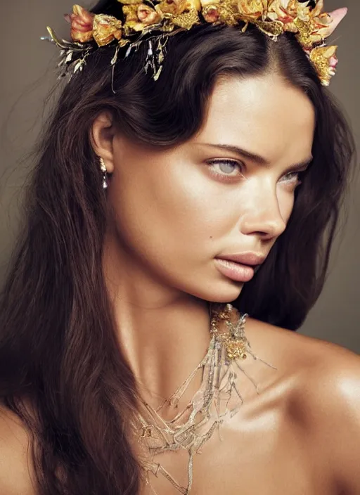 Image similar to an oil on canvas portrait! face-close-up of Adriana Lima as Galadriel , wavy hair covered by an orchid floral crown. The royal dress is made of intricate gold and silver threads with jewellery, composing complex geometrical patterns, zenithal lighting, shot on 70 mm, by Alina Ivanchenko and Hirothropologie and Patrick DeMarchelier .