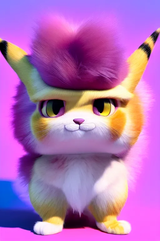 Image similar to high quality 3 d render hyperrealist very cute multicolor stripped fluffy! phoenix cat hybrid highly detailed, vray smooth, in the style of detective pikachu, hannah yata charlie immer, dramatic pink light, low angle, uhd 8 k, sharp focus