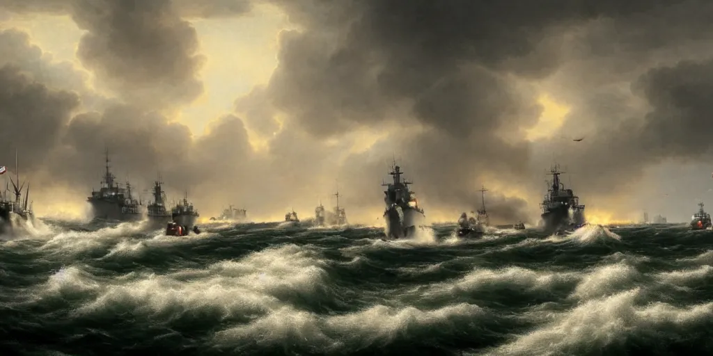 Prompt: a naval battle with battleships and submarines on a stormy evening, high detail, high definition, photorealistic, 8k,