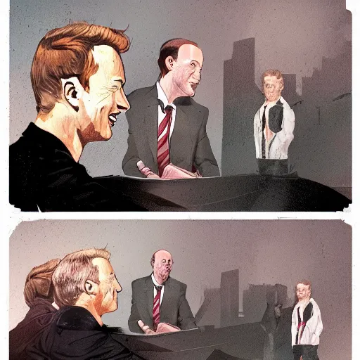 Prompt: cell shaded illustration of a meeting between elon musk, mark zuckerberg, jeff bezos, very detailled, art contest winner on behance, trendy on deviant art, by by artgem, greg rutkowski, by herge