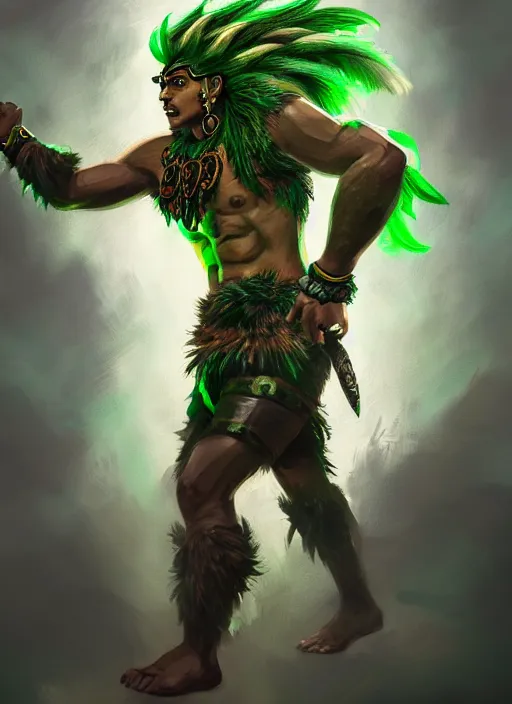 Image similar to a highly detailed illustration of fierce young aztec boy wearing green mane, heroic roaring wielding aztec club pose, muscular, intricate, elegant, highly detailed, centered, digital painting, artstation, concept art, smooth, sharp focus, league of legends concept art, wlop