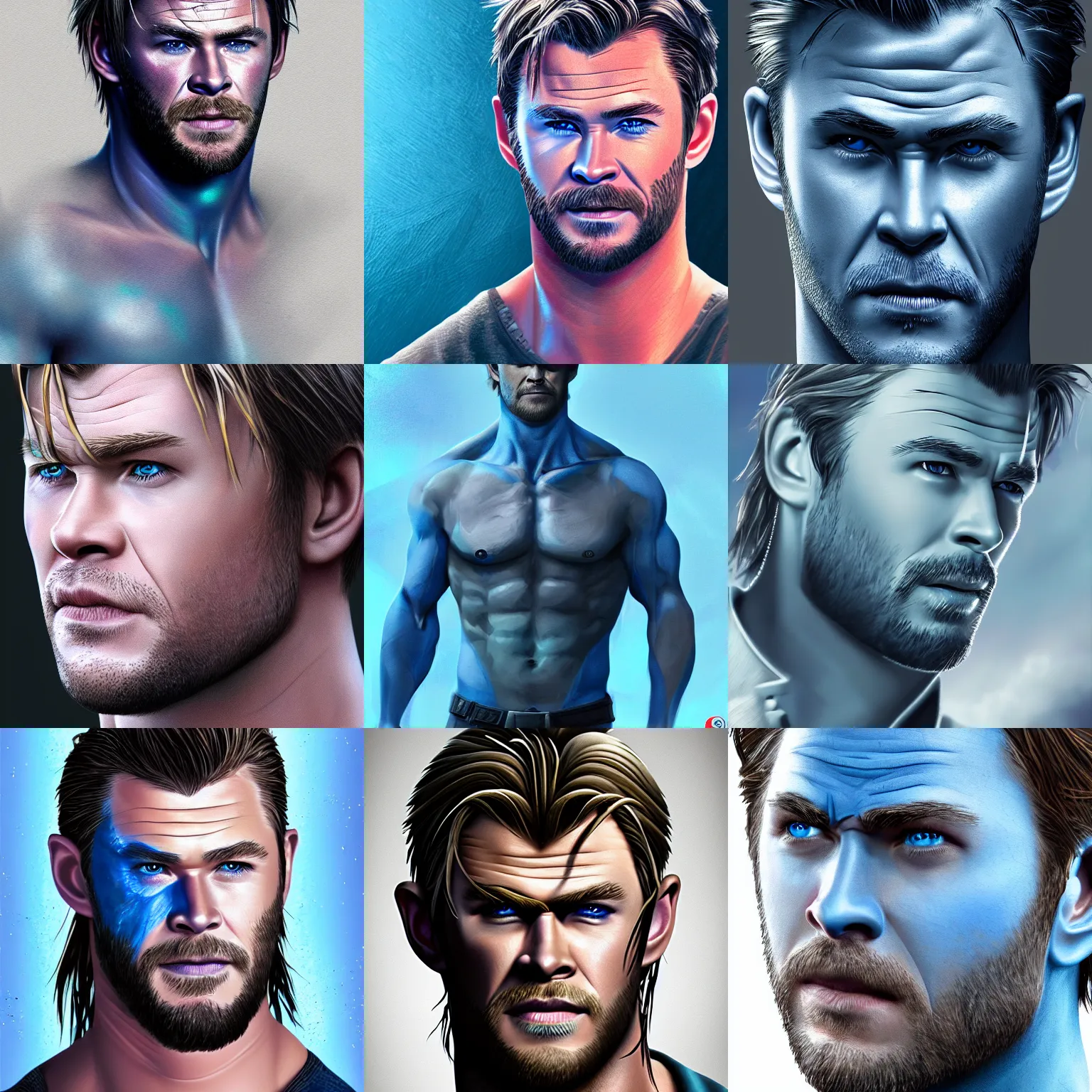 Prompt: Chris Hemsworth with blue skin, detailed digital art, 4k, HD, trending on artstation
