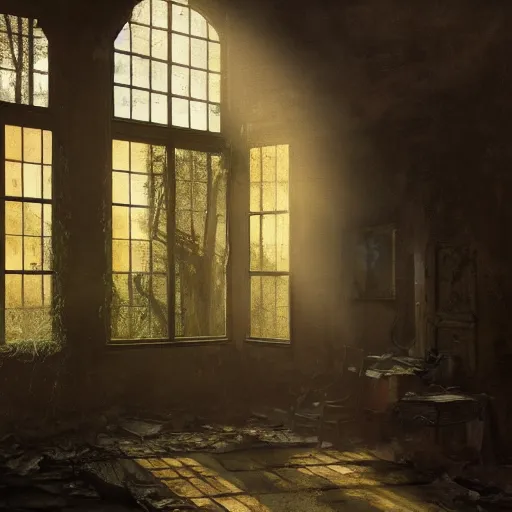 Image similar to the interior of an old abandoned house, an oak tree grows inside, golden rays of sunlight enter through the window, digital art, trending on artstation, matte painting, concept art, drawn by greg rutkowski, inspired by johannes vermeer, warm colors