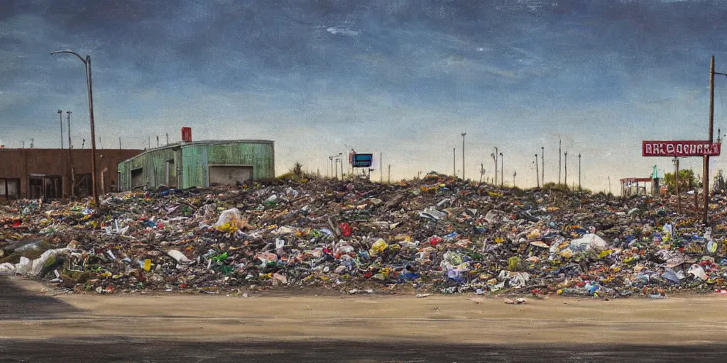 Image similar to Landscape of abandoned strip malls and desolate shopping malls, mounds of garbage in the distance, detailed oil painting, hyperrealistic, hazy mid day