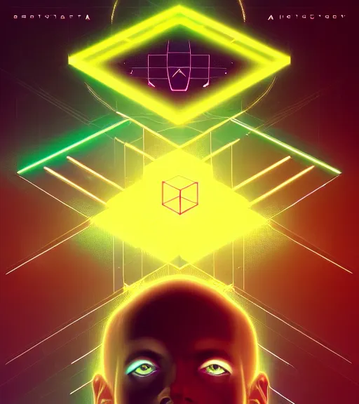 Image similar to symmetry!! egyptian god of technology, solid cube of light, hard edges, product render retro - futuristic poster scifi, lasers and neon circuits, brown skin handsome egyptian god, intricate, elegant, highly detailed, digital painting, artstation, concept art, smooth, sharp focus, illustration, dreamlike, art by artgerm