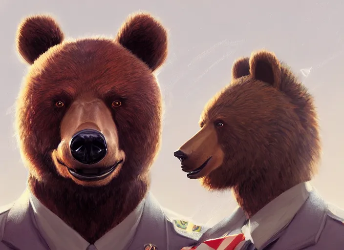 Prompt: character portrait feature of the anthro male anthropomorphic kamchatka brown bear fursona wearing airline pilot outfit uniform professional pilot character design stylized by charlie bowater, ross tran, artgerm, and makoto shinkai, detailed, soft lighting, rendered in octane