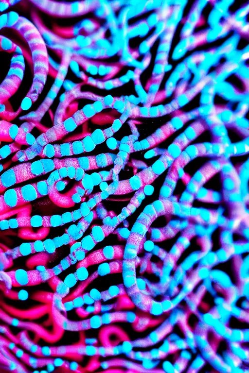 Image similar to high quality close-up photo translucent biomechanic worms! gorgeous black dots highly detailed hannah yata elson peter cinematic turquoise lighting high quality low angle hd 8k sharp shallow depth of field