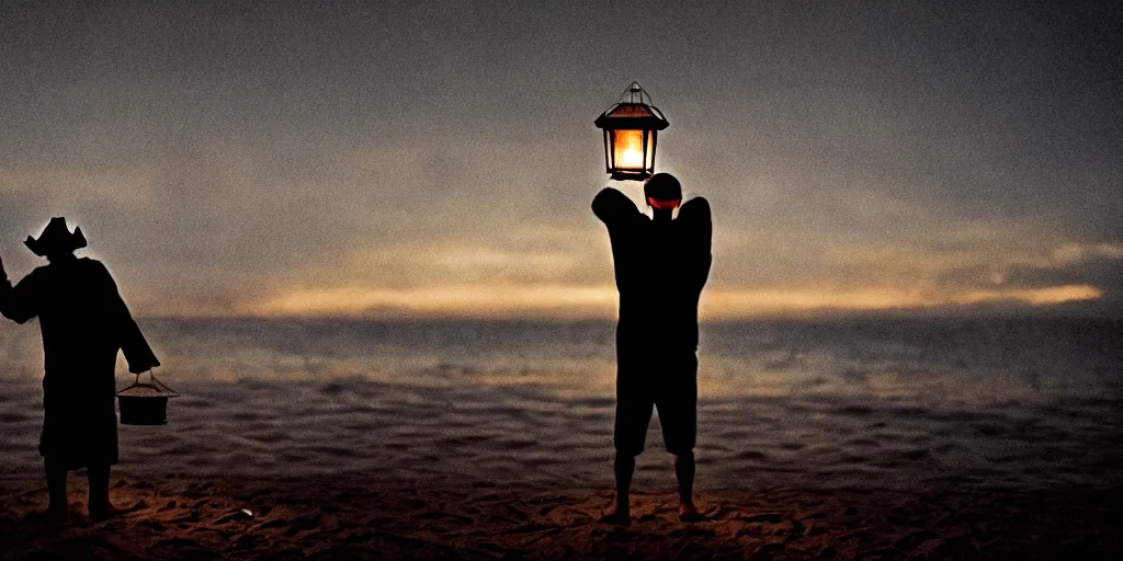 Image similar to film still of closeup old man holding up lantern by his beach hut at night. pirate ship in the ocean by emmanuel lubezki