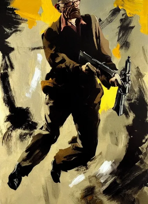 Image similar to walter white holding gun, painting by phil hale, francisco goya,'action lines '!!!, graphic style, visible brushstrokes, motion blur, blurry