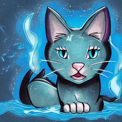 Prompt: a blue cat with water powers, glowing eyes, ocean background,cat is floating in air