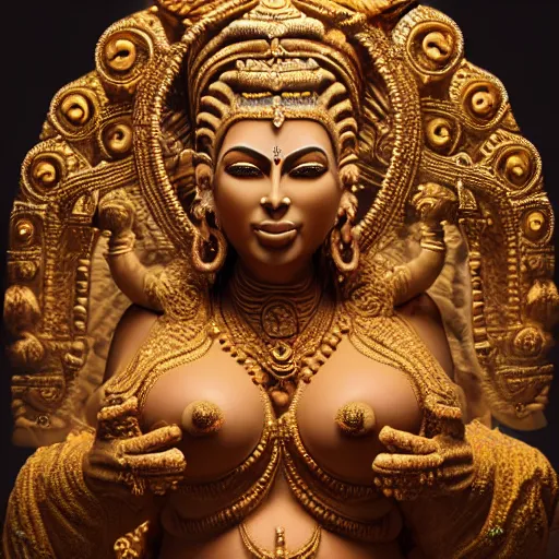 Prompt: kim kardashian as a fertility goddess, hinduism, statue, ultra realistic, intricate, epic lighting, futuristic, 8 k resolution