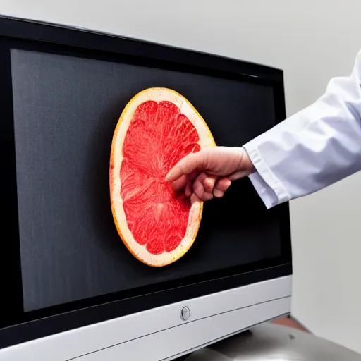 Prompt: a doctor pointing at a grapefruit on CRT screen