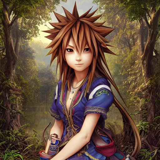 Image similar to intricate detailed portrait painting of sora from kingdom hearts a beautiful forest meadow, temple ruins surrounded by lush forest, afternoon, intricate, elegant, highly detailed, digital painting, sharp, focus, illustration art by artgerm and greg rutkowski and alphonse mucha