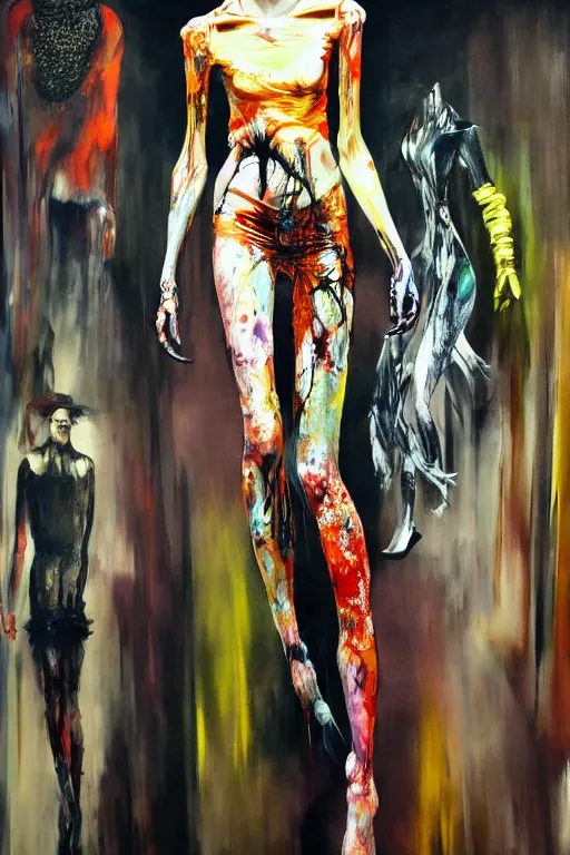 Image similar to crazy fashion catwalk, one model, crazy clothes, biopunk style, horror, hauntingly surreal, highly detailed painting by francis bacon, edward hopper, adrian ghenie, gerhard richter, and james jean soft light 4 k,