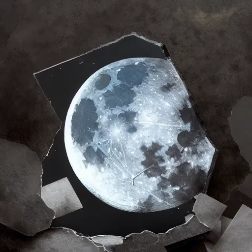 Prompt: a broken mirror, many pieces, cracked, broken, many shards, lying on the ground, reflection of the moon, very detailed, digital painting, oil painting, moonlight, hyperrealistic, highly detailed, beautiful, artstation, cgsociety