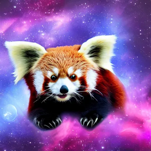 Image similar to Red Panda in space in front of a purple nebula