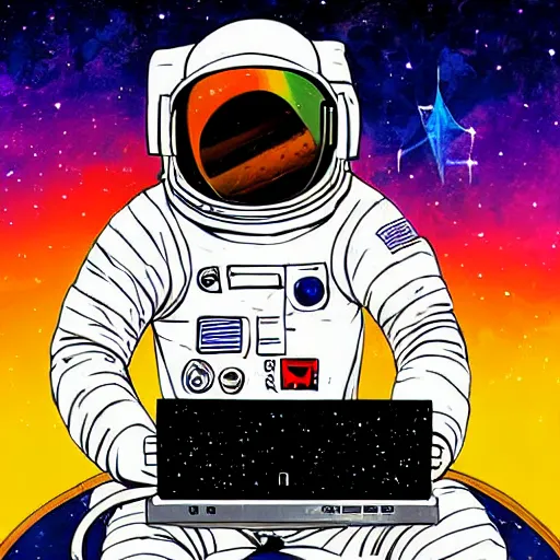 Image similar to an astronaut with headphone playing keyboard in the space, digital painting, digital art, bill sienkiewicz