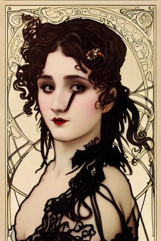 Prompt: A close-up portrait of a cute goth girl wearing a frilly black dress by Alphonse Mucha, black intricate hair, black lace choker, art nouveau card, wlop, trending on artstation, 8k