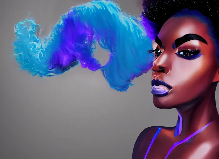 Image similar to a black woman with blue hair wearing a futuristic outfit by osborne macharia, trending on behance, afrofuturism, futuristic, airbrush art, future tech