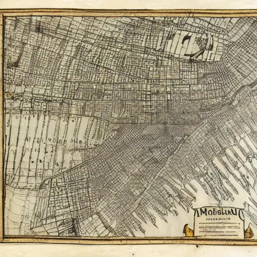 Prompt: 1 7 th century map of manhattan, ink on parchment