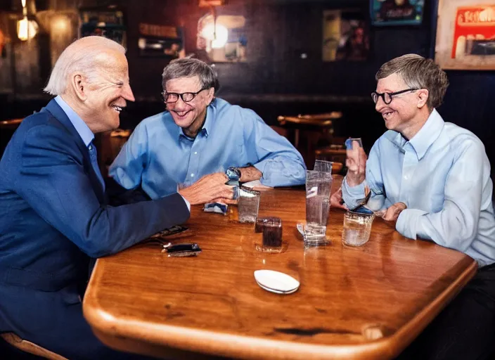 Prompt: Joe Biden and Bill gates, having dinner at a Dive bar restaurant, award winning cinematic photography, 50 mm, blurred background, trending on twitter