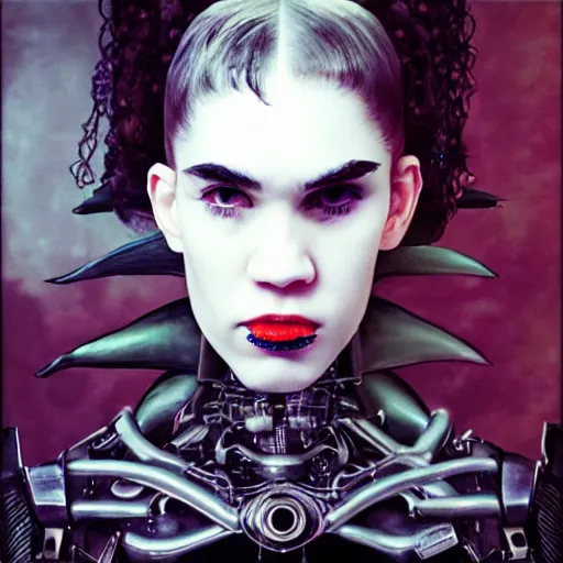 Image similar to album cover of Grimes as an evil robot cyborg character in a romantic pre-raphaelite style