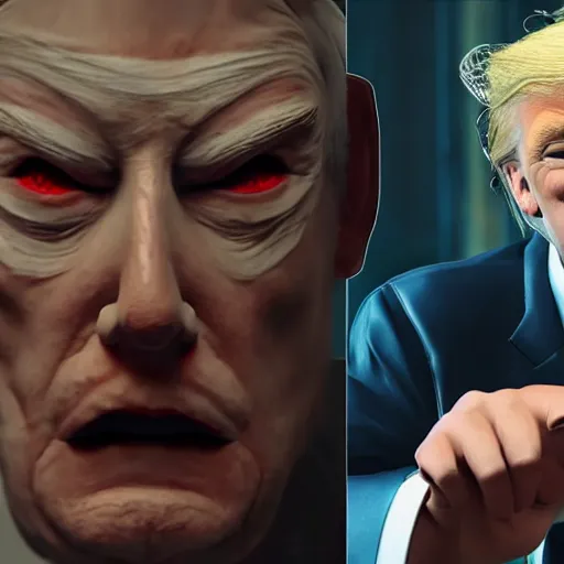 Prompt: Donald Trump with Jigsaw from Saw body, realistic artstyle, wide shot, dramatic lighting, octane render, hyperrealistic, high quality, highly detailed, HD, beautiful, cinematic, 8k, unreal engine, facial accuracy, symmetrical