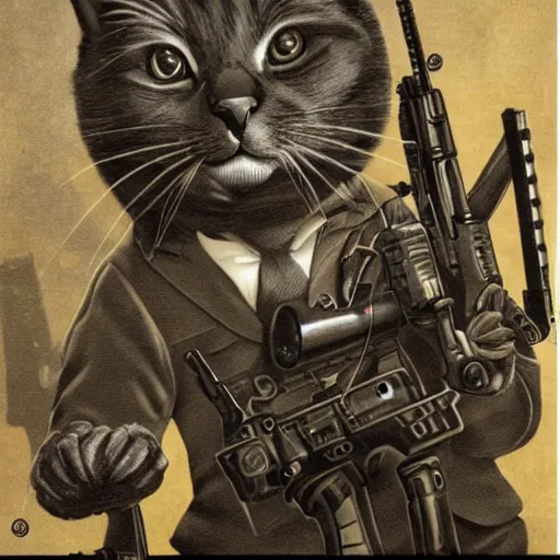 Image similar to photograph of a realistic anthropomorphic cat with lots of guns