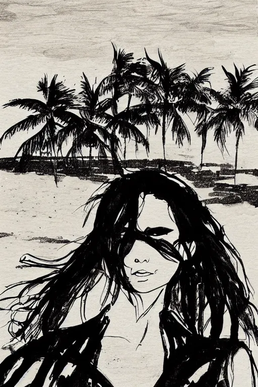 Image similar to ink lineart drawing of beautiful woman by the beach, white background, etchings by goya, chinese brush pen illustration, high contrast, deep black tones, contour