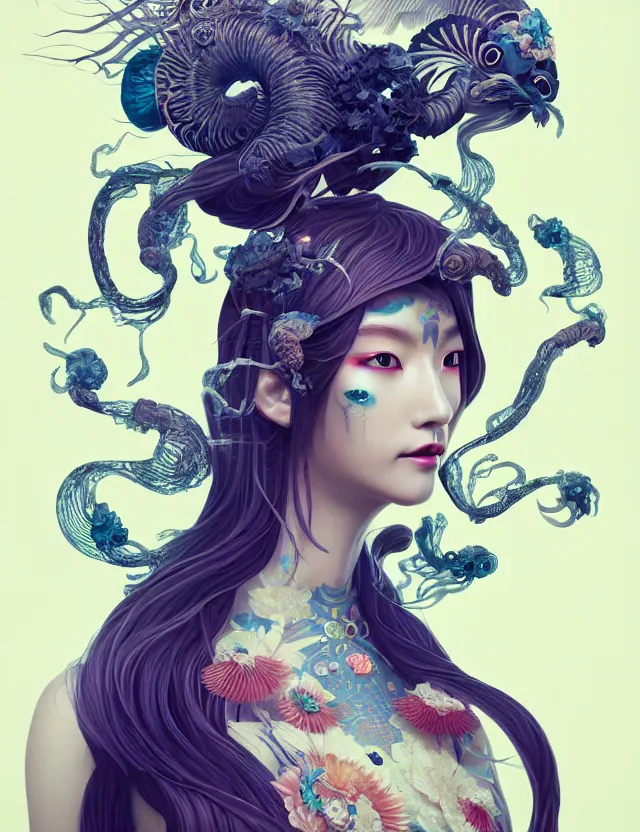 Image similar to 3 d goddess half - turn portrait with long hair with ram skull. beautiful intricately detailed japanese crow kitsune mask and clasical japanese kimono. betta fish, jellyfish phoenix, bio luminescent, plasma, ice, water, wind, creature, artwork by tooth wu and wlop and beeple and greg rutkowski