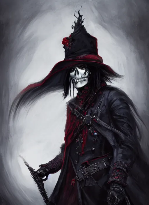 Prompt: a medium shot of a male necromancer with long black hair that covers his eyes wearing a red victorian era coat, backlighting, blue hour, ominous, dark, threatening, unnerving, lit from below with red lighting, high contrast, highly detailed, sharp focus, digital painting, concept art, illustration, trending on artstation, Bloodborne art, art by greg rutkowski + greg hildebrandt + alphonse mucha