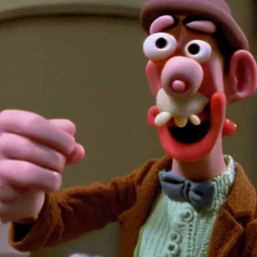 Prompt: Wallace smoking crack in a still from the short movie A Grand Day Out (1989), Wallace and Gromit, Aardman Animations, claymation, 4k, high quality