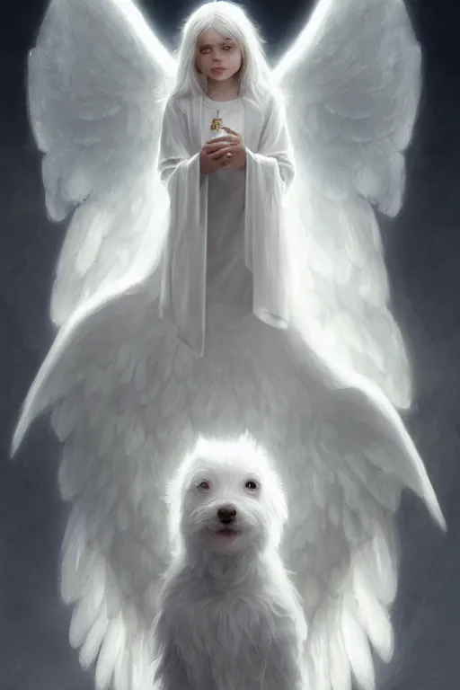 Image similar to a small white dog with angel wings and a halo, highly detailed, d & d, fantasy digital painting, trending on artstation, concept art, sharp focus, illustration, global illumination, ray tracing, realistic shaded, art by artgerm and greg rutkowski and fuji choko and viktoria gavrilenko and hoang lap