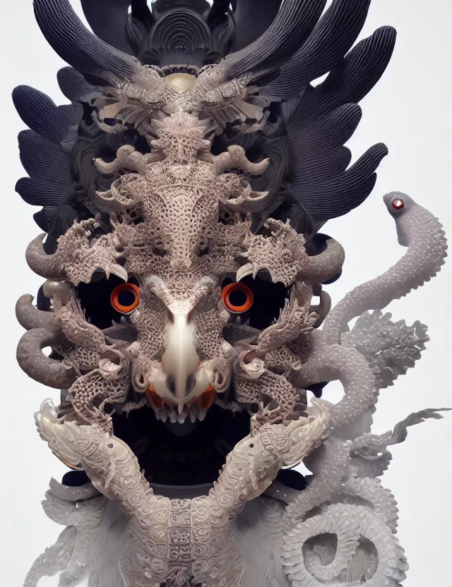 Image similar to 3 d goddess close - up frontal portrait with ram skull. beautiful intricately detailed japanese crow kitsune mask and clasical japanese kimono. betta fish, jellyfish phoenix, bio luminescent, plasma, ice, water, wind, creature, artwork by tooth wu and wlop and beeple and greg rutkowski