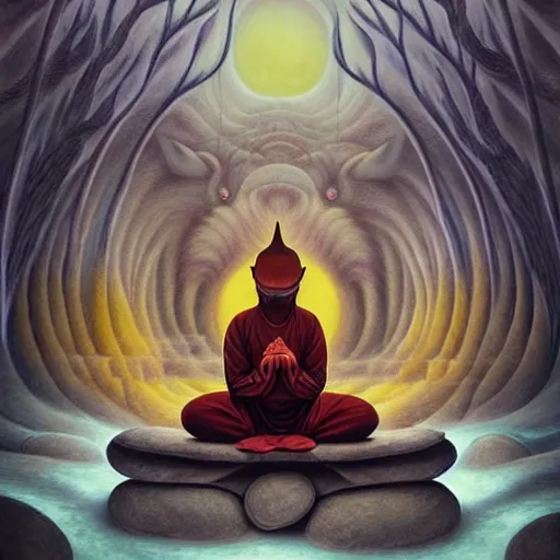 Image similar to a wolf! dressed like a shaolin monk meditating in a zen garden with a waterfall under the blood moon, by Adi granov and afarin sajedi and amanda sage and evgeni gordiets and Agostino Arrivabene and adonna khare in a psychedelic portrait style, ultrarealistic matte painting, volumetric lighting, fractal, extremely symmetrical, highly detailed face, orisha, 8k, hd