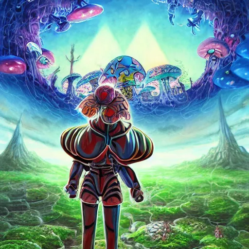 Image similar to anime 4 k headshot portrait of a psychedelic demonic anthropomorphic insect knight with mushroom themed clothes, magic mushroom village in background by jeff easley, award winning, stylized neon, post - processing, masterpiece, superb resolution. in the art style of junji ito and greg rutkowski. detailed mushroom city in background. hyper realistic anime. perfect art. dalle 2