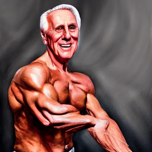 Image similar to Bruce forsythe with the physique of a body builder, hyper realistic, ultra detailed, cinematic, dynamic lighting, photorealistic, refined, intricate, digital art, digital painting, masterpiece, 8k