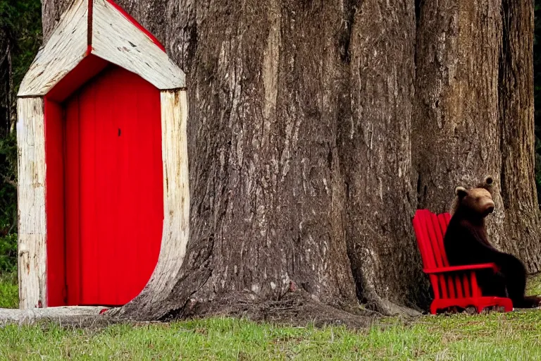 Image similar to grizzly wearing a red shirt sitting outside big tree with a red door by Roger Deakins