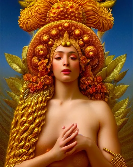 Image similar to portrait of the goddess of golden fire, unusual beauty, flowers and plants, emotionally evoking symbolic metaphors, head in focus, fantasy, ornamental, intricate, elegant, sensual, highly detailed digital painting, artstation, concept art, painterly, golden ratio, sharp focus, illustration, art by John William Godward and Boris Vallejo and Zdzisław Beksiński,