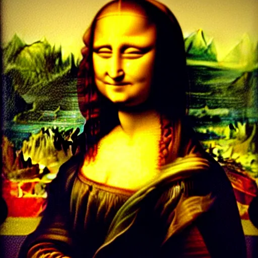 Image similar to mona lisa painting with cake smeared all over it