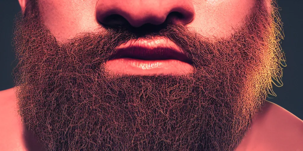 Image similar to an extreme close - up portrait of a neon glowing human beard, photographic filter, unreal engine 5, realistic, hyperdetailed, 8 k, cinematic, volumetric lighting, very realistic effect, hd, hdr, 4 k, sharp focus, octane render, ultra detailed, high resolution, trending on artstation in the style of albert dros glowing rich colors powerful imagery