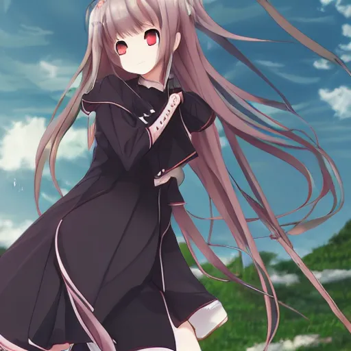 Image similar to anime, full body, arknights girl standing in the top of hill