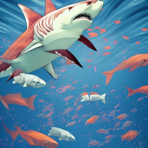 Image similar to great white shark, orange and white striped traffic cones as fins, underwater background detailed atmospheric - ron cheng & alphonse mucha, highly detailed, digital painting, ray tracing, concept art, illustration, smooth sharp focus, intricate, symmetry, artstation,