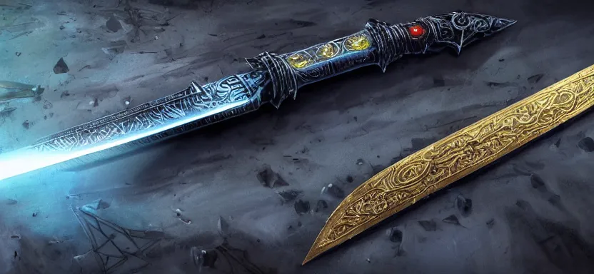 Image similar to legendary cybernetic sword lying flat on a glowing table with a long sharp black and iridescent sword blade, digital award winning hd matte painting, intimate dark moody, intricate, ornate spikes, colorful hilt, detailed realistic, raytraced blade, colored gems, future golden technological pommel, in the style of greg rutkowski and krenz cushart, deviantart