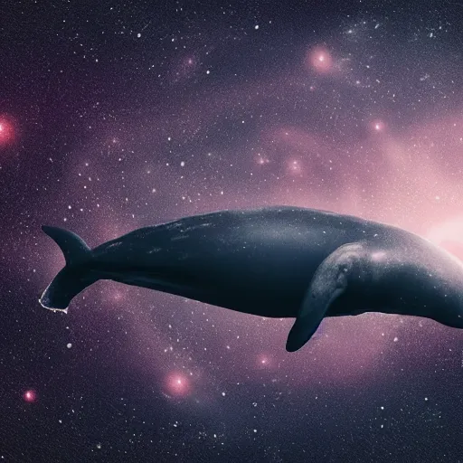 Image similar to portrait of space whale swimming on a dark night sky in space, flying across the universe, galaxies, oniric, dreamy, beautiful, highly detailed, realistic, cinematic, dynamic composition
