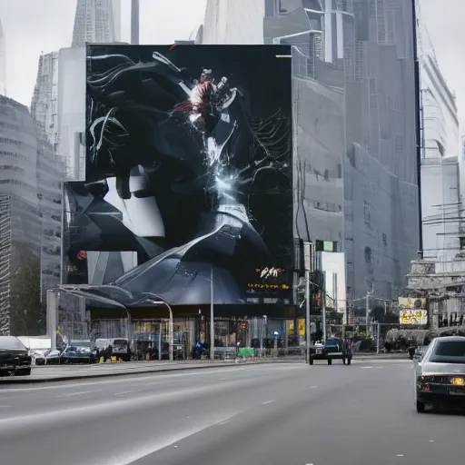 Prompt: sci-fi : zaha hadid : wall structure : logotype : and car on : the coronation of napoleon : and : digital billboard : in the middle in dark atmosphere : artwork by :Ruan Jia : Sheng Lam :