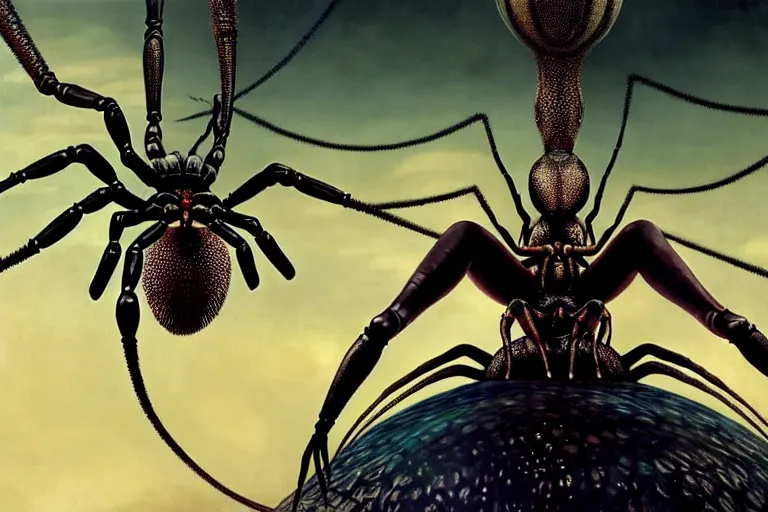 Image similar to realistic detailed closeup portrait movie shot of a beautiful black woman riding a giant spider, dystopian city landscape background by denis villeneuve, amano, yves tanguy, alphonse mucha, max ernst, ernst haeckel, edward robert hughes, roger dean, cyber necklace, rich moody colours, sci fi patterns, wide angle