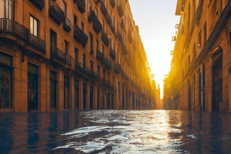 Image similar to views of catastrophic barcelona streets covered with water, global warming, sunset lighting, photo real
